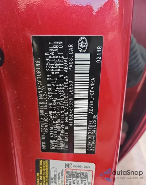 2007 Toyota Camry Ce из США, поврежденный, VIN 4T1BE46K87U126650